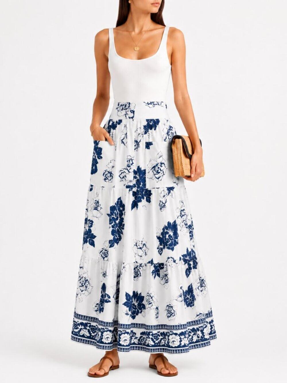 Loretta Caponi Nuvola Floral Maxi Skirt XS Blue White Cotton Made Italy